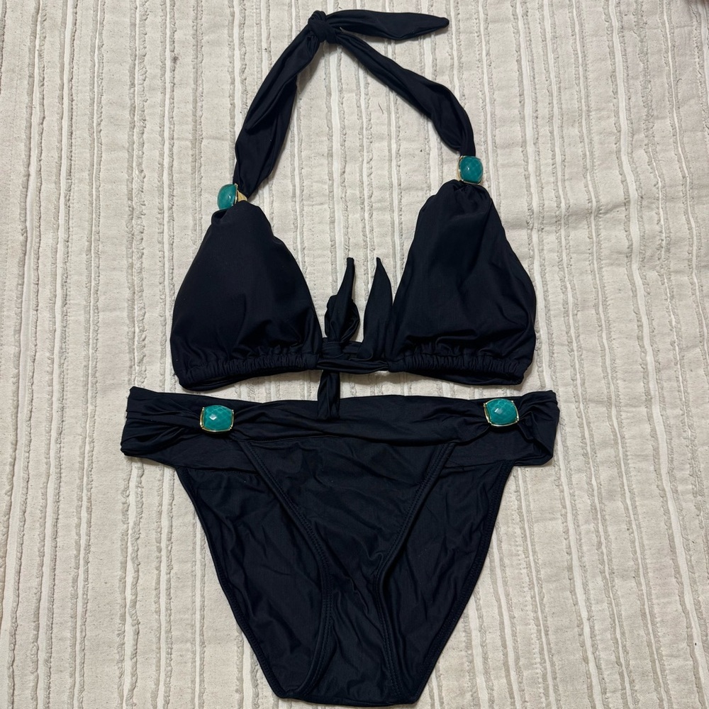 Despi Black Triangle Bikini with Teal Jewel Accents